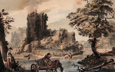 18th century English school, watercolour of a cart crossing ...