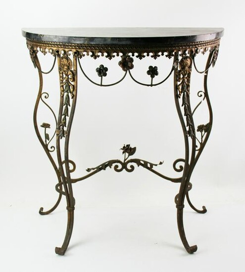 1920s Wrought Iron Demilune Marble Top Table