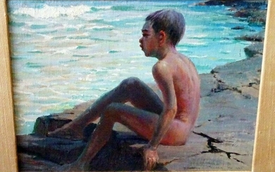 1925 Hawaii Oil Painting Nude Boy D. Howard Hitchcock
