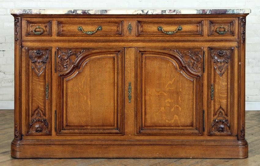 19TH C. FRENCH MARBLE TOP CARVED OAK SIDEBOARD
