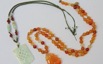 2 Asian necklaces, Jade pendant & orange hardstone pendant on beaded necklace