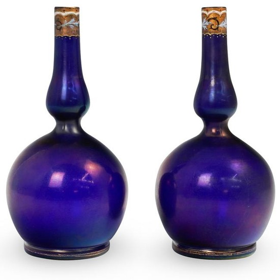 (2 Pc) Iridescent Blue Glass Vases