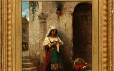 ATTILIO BACCANI ITALIAN ACT.1844 1889 OIL ON BOARD 13 10 PEASANT WOMAN WITH BABY BY DOORWAY