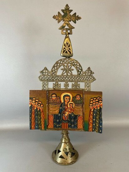 211042 - Large Old Ethiopian Coptic Altar with handpainted icons - Ethiopian silver