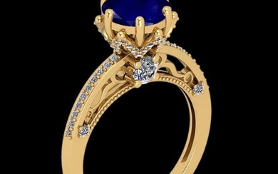 2.61 Ctw VS/SI1 Blue Sapphire And Diamond Prong Set 14K Yellow Gold Vintage Style Ring