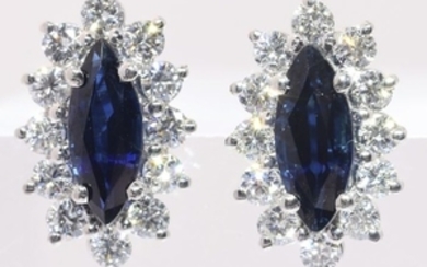 18 kt. White gold - Earrings, marquise shaped cluster studs - Vintage - Sapphire - Diamonds
