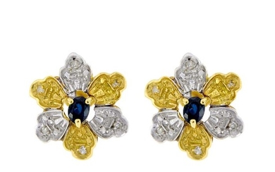 18 kt. White gold, Yellow gold - Earrings - 0.40 ct Sapphire - Diamonds