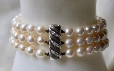 14 kt. White gold - 3-row bracelet, excellent state Japanese Akoya saltwater pearls 6mm - Diamonds