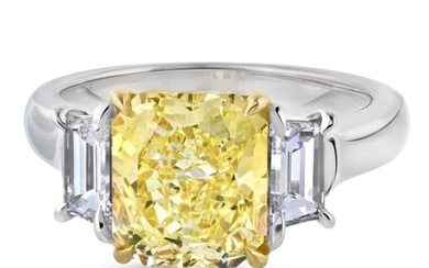 3 carat Radiant Cut Diamond Fancy Intense Yellow GIA With Two Side Trapezoids Three Stone Ring