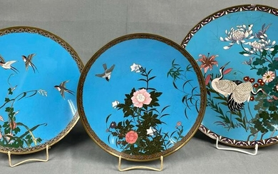 3 cloisonné plates. Probably Japan, China old. Up