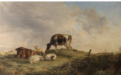 Thomas Sidney Cooper ( Canterbury 1803 - Harbledown 1902 ) , "Cattle in the pasture" 1849 olio su tela (cm 97x132) Firmato e datato in basso a sinistra In cornice