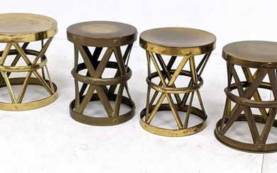 4 pcs Sarreid Style Brass Stools. Strapped x bases; one
