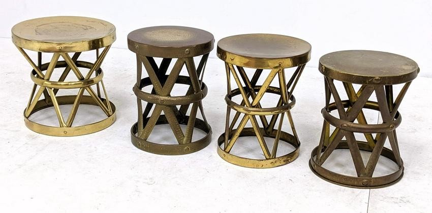 4 pcs Sarreid Style Brass Stools. Strapped x bases; one