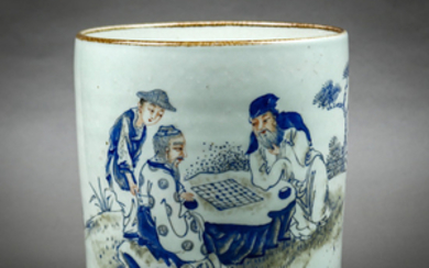 Chinese Porcelain Brush Pot, Scholars Playing Chess