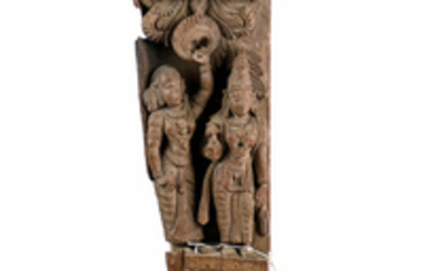 Indian Carved Wood Fragment, Hindu Deities
