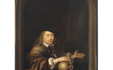 After Gerrit Dou, 19th Century Self-portrait of the painter oil on panel 62x46 cm. framed (defects)