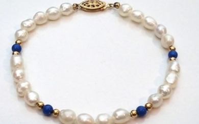 Pearl's, Lapis lazuli, and 14K Gold bracelet,...