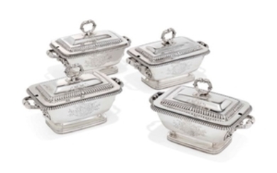 A SET OF FOUR GEORGE III SILVER SAUCE-TUREENS AND COVERS, MARK OF WILLIAM STROUD, LONDON, 1809