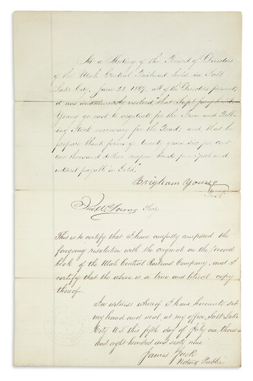 YOUNG, BRIGHAM. Document Signed, as President of the Utah Central Railroad, recording a...