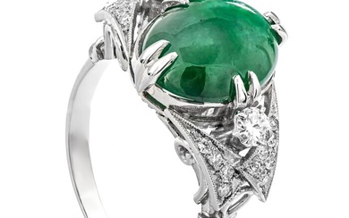 4.32 tcw Jade Ring Platinum - Ring - 3.79 ct Jade - 0.35 ct Diamonds - No Reserve Price
