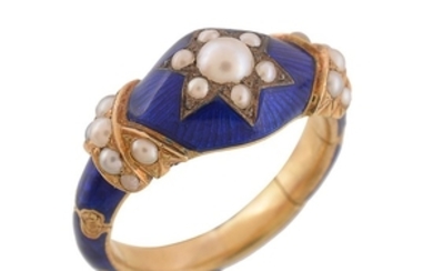 An early Victorian half pearl and blue enamel mourning ring