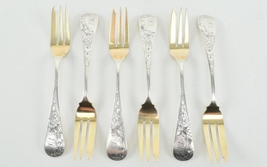 6 Vansant & Co. silver pie forks. Gold washed fork head
