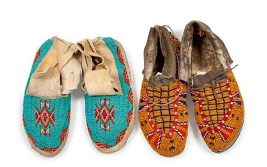 Two Pairs of Northern Plains Beaded Hide Moccasins