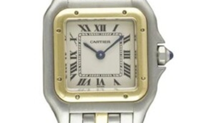 A LADIES STEEL & GOLD CARTIER PANTHERE BRACELET WATCH