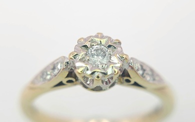 9K YELLOW GOLD SOLITAIRE DIAMOND RING, WITH FURTHER DECORATING...