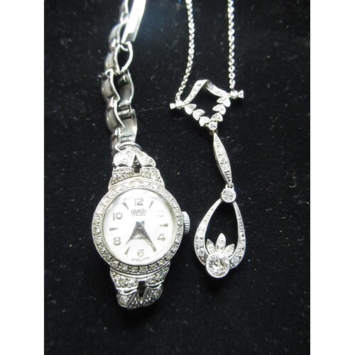 9ct white gold Lavalier necklace decorated with round cut di...