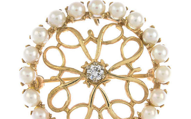 A 14ct gold cultured pearl and diamond brooch.