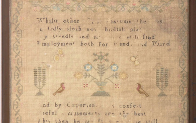 A 1790 George III needlepoint sampler for Ann Thornton December 9th 1790. The sampler with tree of life and bird design amongst verso. The borders with repeating patterns. Framed and glazed. Measures 31cm x 37cm.
