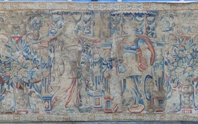 A 17thC tapestry panel depicting figures between columns with...