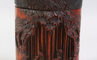 A 19TH / 20TH CENTURY CHINESE CARVED BAMBOO BRUSH POT