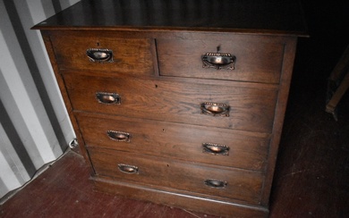 A 19th Century oak chest of two over three drawers, with copper Art Nouveau handles, approx W105