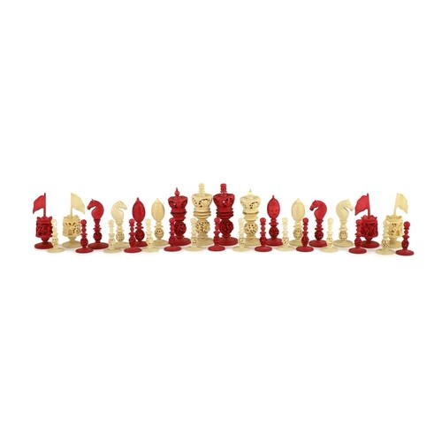 A 19th century Canton Burmese pattern ivory chess set carved...
