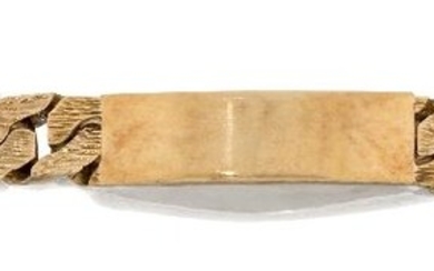 A 9ct gold name bracelet, with textured flat curb links to a blank rectangular name panel, London hallmarks, 1976, approx. length 21cm, gross weight approx. 103.8g