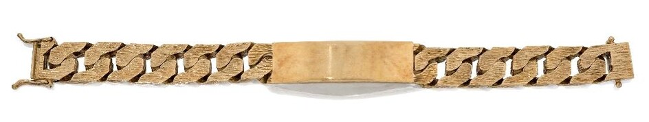 A 9ct gold name bracelet, with textured flat curb links to a blank rectangular name panel, London hallmarks, 1976, approx. length 21cm, gross weight approx. 103.8g