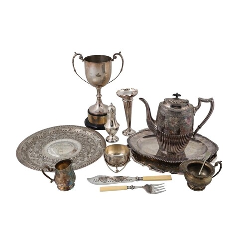 A BOX OF SILVER PLATED ITEMS, including trays, cups etc.
