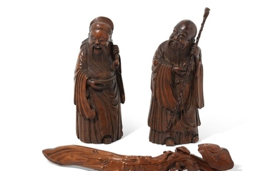 A BOXWOOD RUYI SCEPTRE AND TWO BAMBOO IMMORTALS, 19TH CENTURY