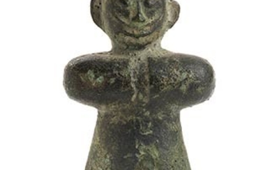 A BRONZE ANTROPHOMORFIC FIGURE China, Warring States period The small...