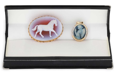 A CAMEO BROOCH, gold framed, together with an angel pendantCondition...