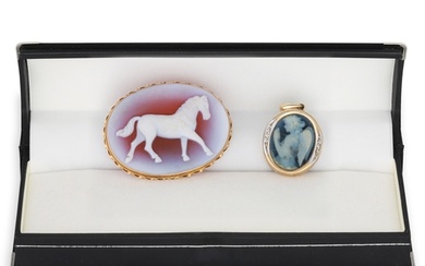 A CAMEO BROOCH, gold framed, together with an angel pendant