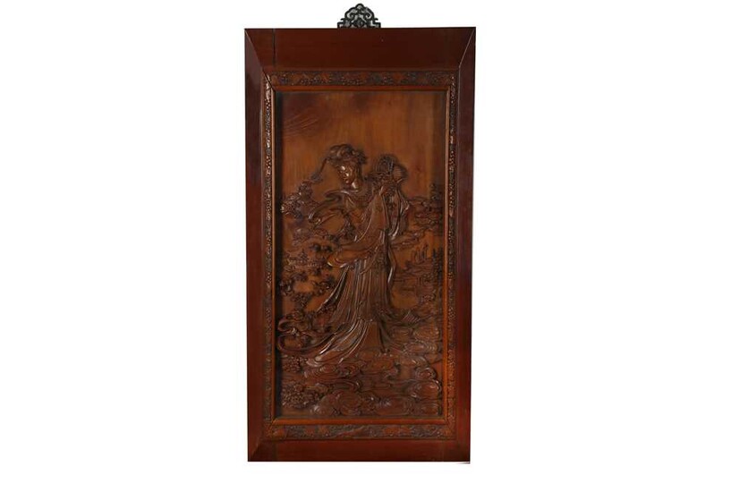 A CHINESE WOOD 'MAGU' PANEL.