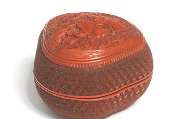 A CINNABAR LACQUER CARVED PEACH-SHAPED BOX AND COVER Qianlong