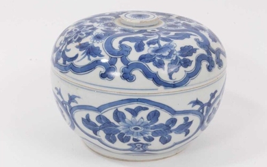 A Chinese blue and white porcelain pot and cover, Kangxi period, decorated with foliate patterns