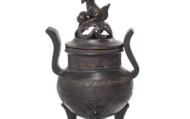 A Chinese bronze tripod incense burner and reticulated cover, ding, Qing dynasty,...