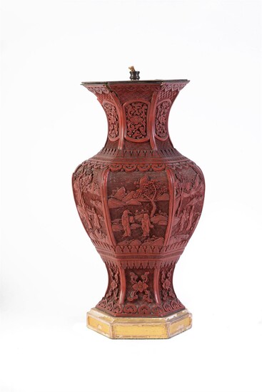A Chinese cinnabar lacquer hexagonal vase