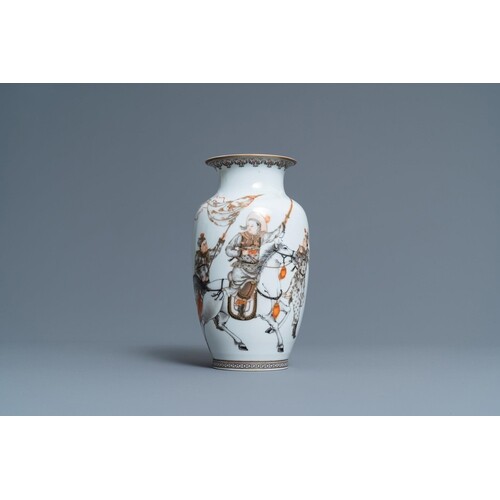 A Chinese eggshell porcelain vase with warriors flanking a h...