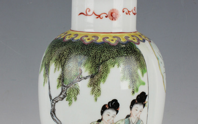 A Chinese famille rose porcelain vase and cover, Republic period, the baluster body painted with two